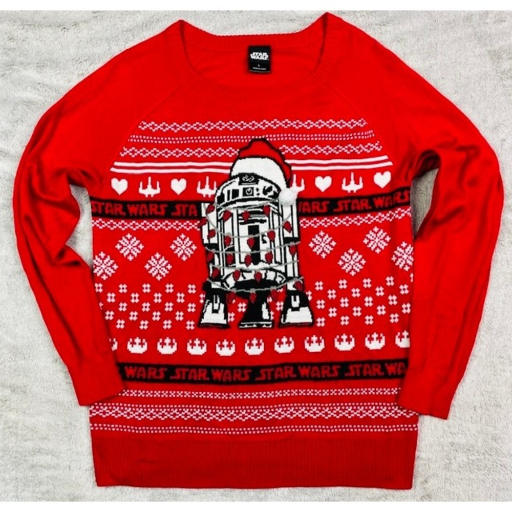 Star Wars R2-D2 Ugly Christmas Sweater Red Large Santa Hat Holiday Pullover Knit